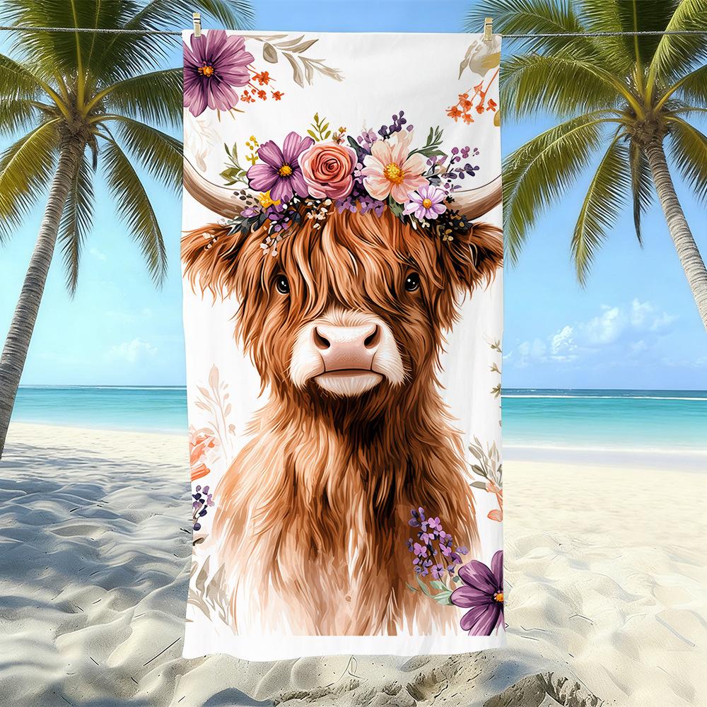 Europäisches und Amerikanisches Retro Hochlandrind Druck Strandtuch Mikrofaser Verdickt Wasseraufnahme Schnelltrocknend Outdoor Badetuch