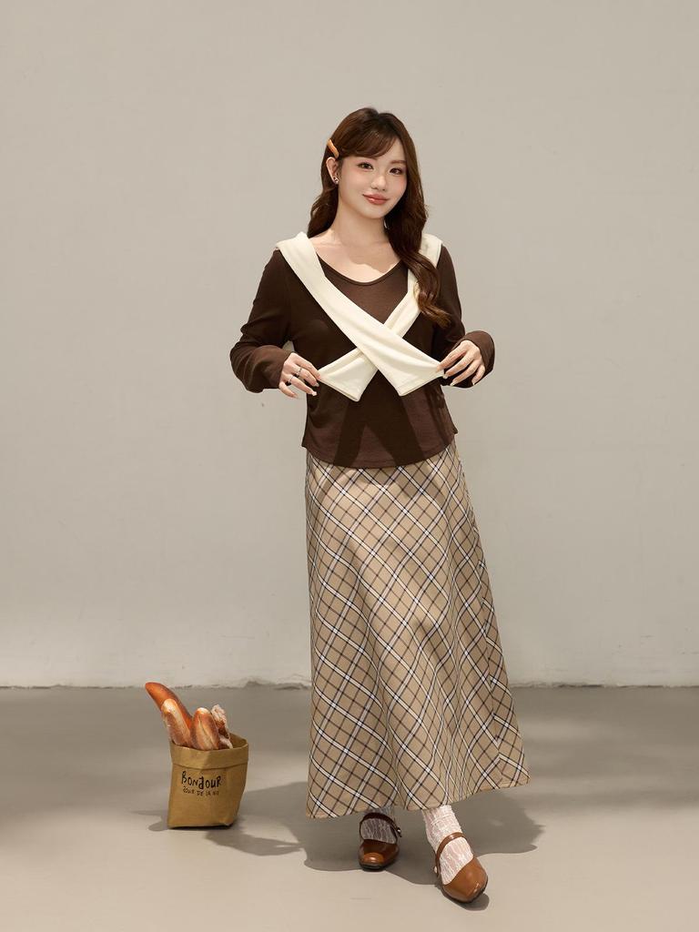 Korean High Waist Plaid A-Line Midi Skirt - Plus Size, Flaw-Slimming Women's Fall Fashion (66070)