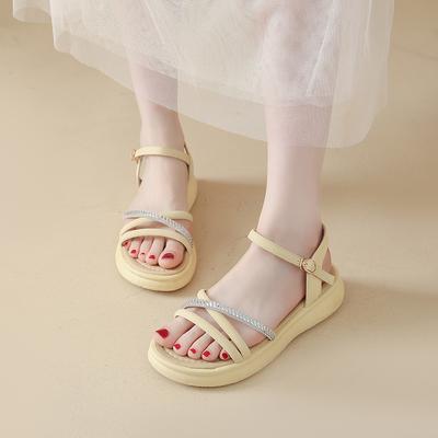 2025 Sandals Buckle Strap Black Shoes for Women Summer Heels New Outside Beige Retro Beach Comfort Girls Clogs Low Solid Fabric