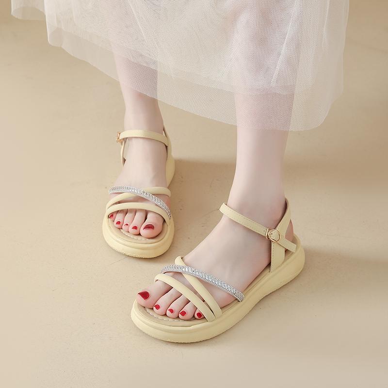 2025 Sandals Buckle Strap Black Shoes for Women Summer Heels New Outside Beige Retro Beach Comfort Girls Clogs Low Solid Fabric 35 белый 2259₽