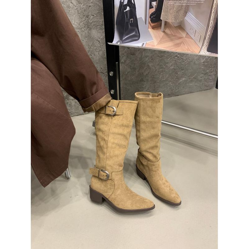 2025 New Fashion British Style Belt Buckle Splicing Western Cowboy Boots Pointed Head Thick Heel Sleeve Fashion Knight