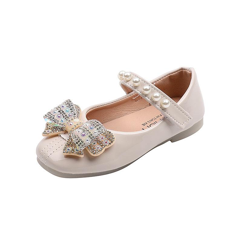 Girls' Leather Shoes Children's Soft-soled Princess Spring Shallow New Korean Big Kids Girls' Bow Rhinestone Pearls Dress Shoes
