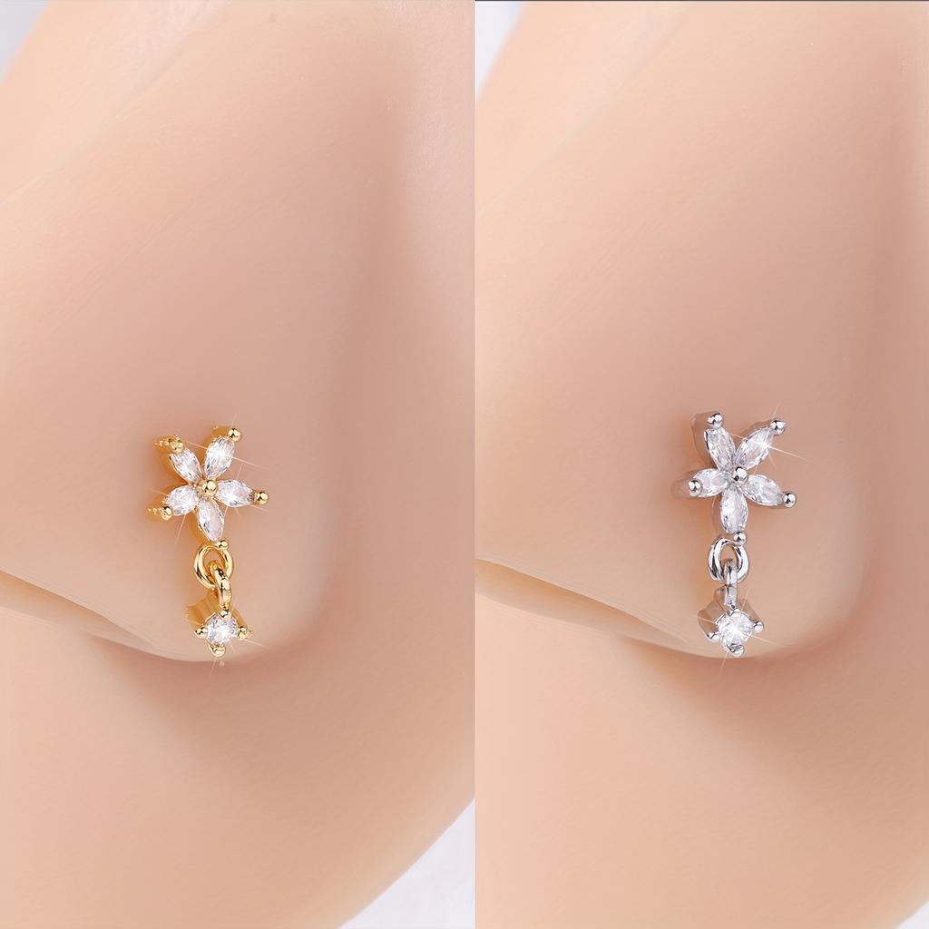 1pc L-Shaped Nose Ring Piercing - Stainless Steel Hypoallergenic 5-Petal Flower Pendant, French Nose Stud for Women