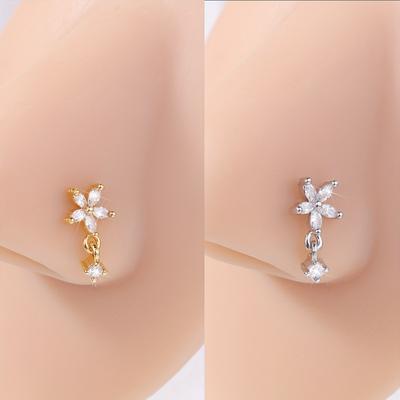 1pc L-Shaped Nose Ring Piercing - Stainless Steel Hypoallergenic 5-Petal Flower Pendant, French Style Nose Stud for Women