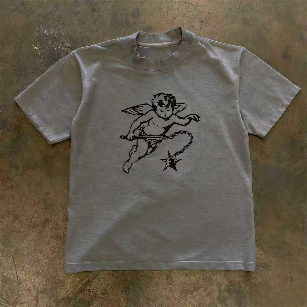 An Angel with A Hammer Graphic Print Autumn Pure Cotton Men's and Women's T-shirt Short Sleeve Street Fashion Trend Clothing