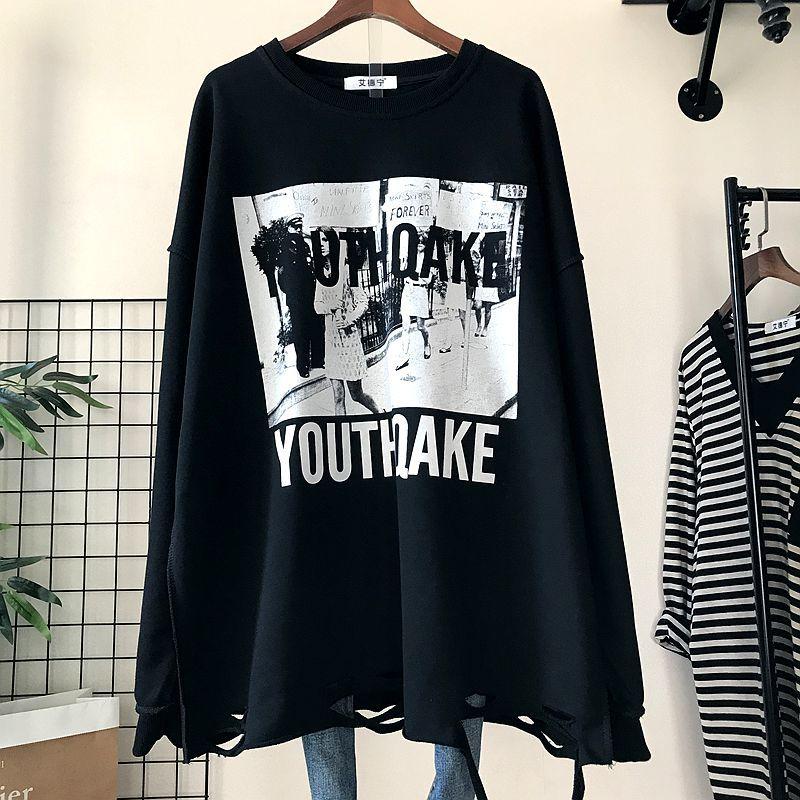 

Осень Женские Футболки Большого Размера с Рваными Длинными Рукавами, Свободные Повседневные Толстовки Худи Оверсайз, Топы, Черный Белый Пуловер L