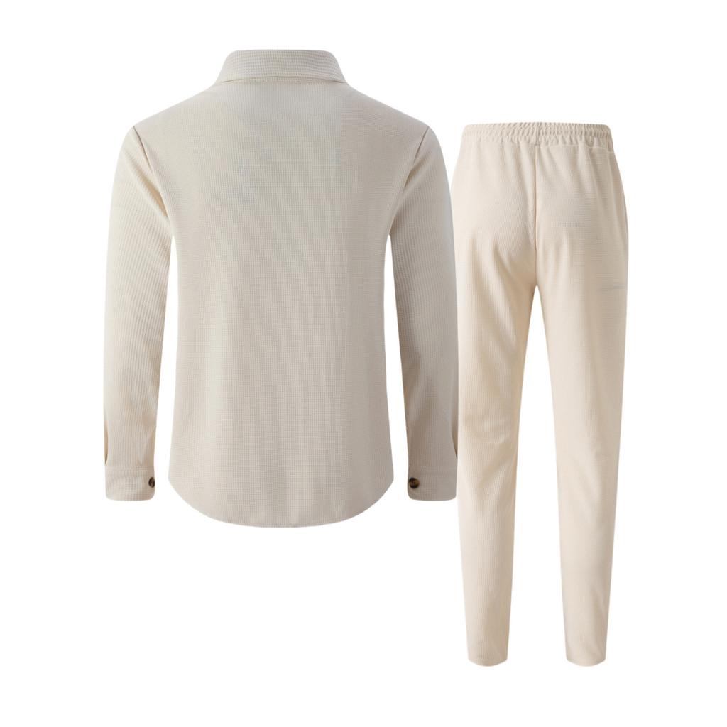 Completo casual da uomo a maniche lunghe con pantaloni, doppie tasche sul petto, bottoni, stile workwear, completo due pezzi