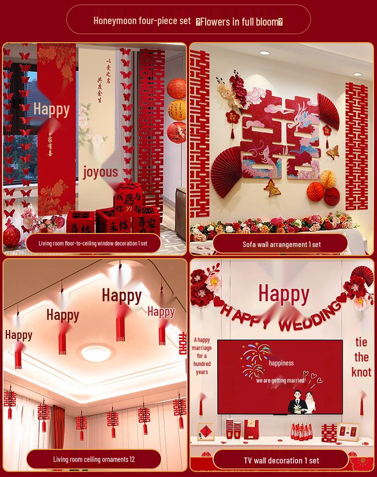 Double Happiness Wedding Room Cloth Banner Set for Ceremony and Hotel Décor