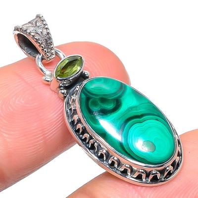Natural Malachite, Peridot Gemstone 925 Solid Sterling Silver Pendant 1.42" j4S82
