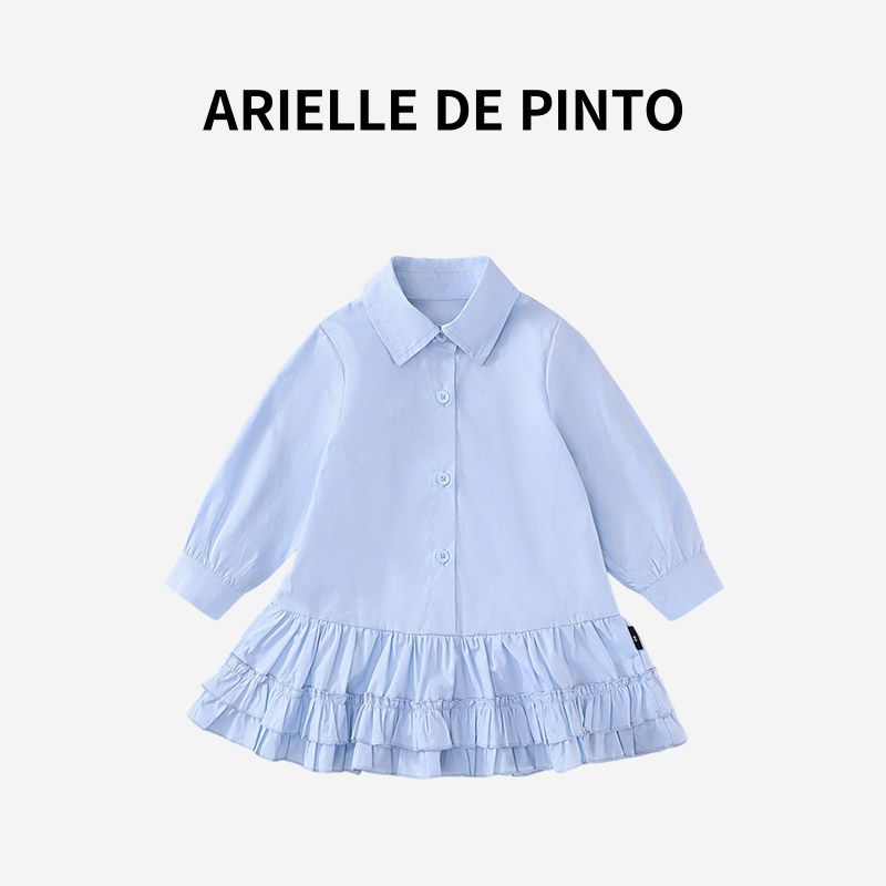 French Arielle De Pinto Girls  Spring & Fall Korean Style Casual Lapel Shirt Dress Pleated Lace Dress Blue 90