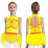 Girls Jazz Latin Dance Costume Shiny Rhinestones Color Block Leotard with Feather Skirt Sleeveless Cutout Back