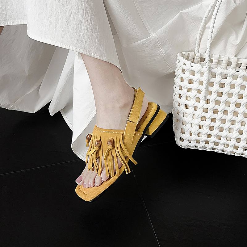 Krazing Pot Cow Suede Nubuck Summer Size 40 Hook Loop Tassel Fringe Low Heels Women Peep Toe Sandals