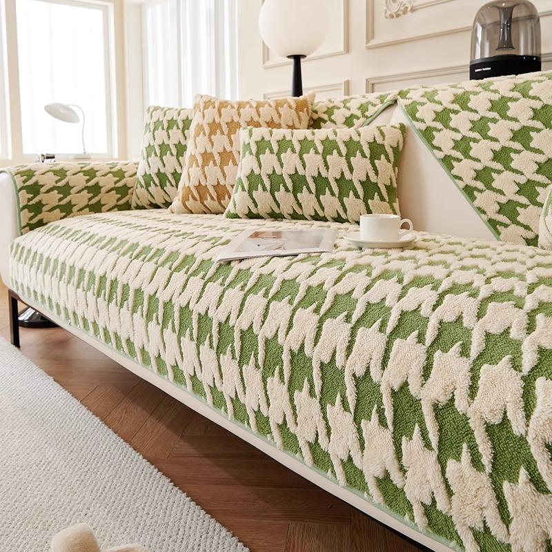 Plush Sofa Cushion  New Thousand Bird Grid Non-Slip Seat Cushion Light Luxury High Sense Three Seats One Princess Sofa Cover