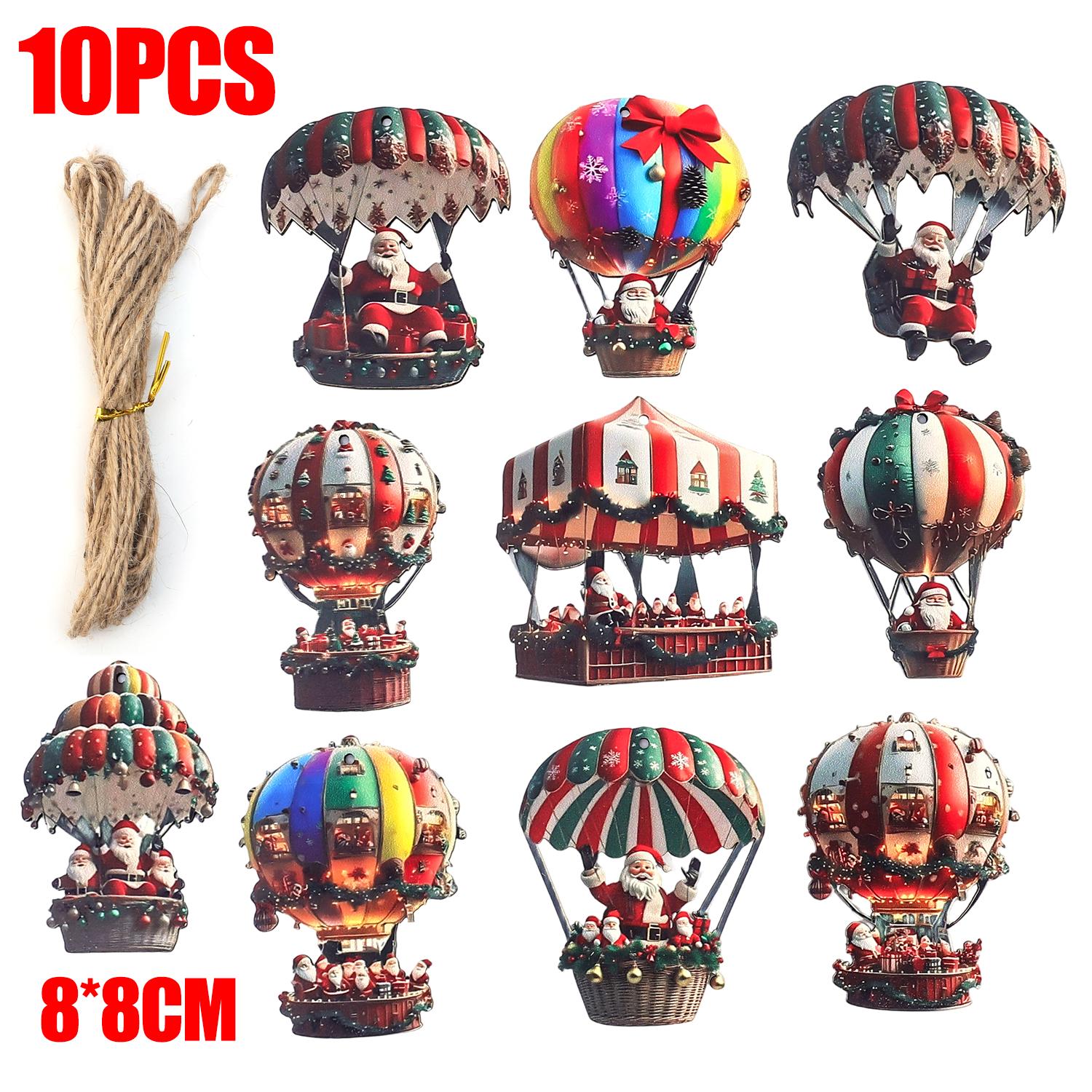 

10/50x Hot Air Balloon Santa Claus 2D Flat Wooden Pendant Christmas Tree Cute Hanging Festive Wooden Decoration Accessories 10PCS-(1set)