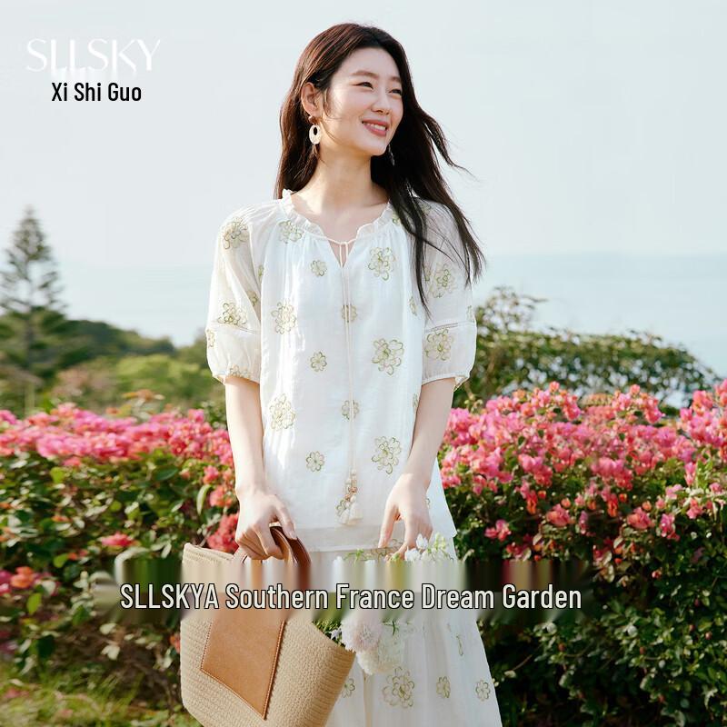Women s Embroidered Chiffon Puff Sleeve Blouse L