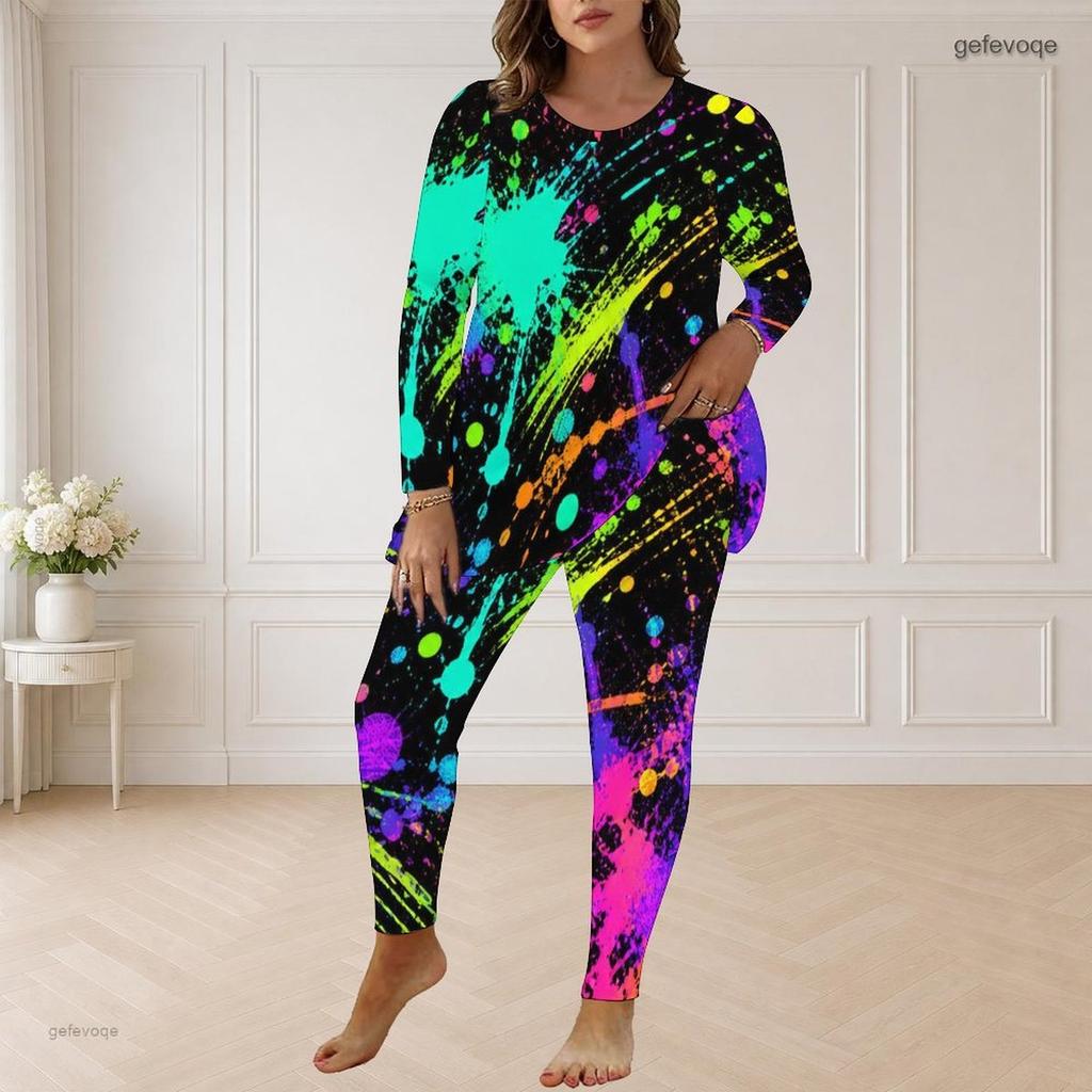 Women Plus Size Round Neck Long Sleeve Neon Print Longline Top Fitted Pants Two Piece Set