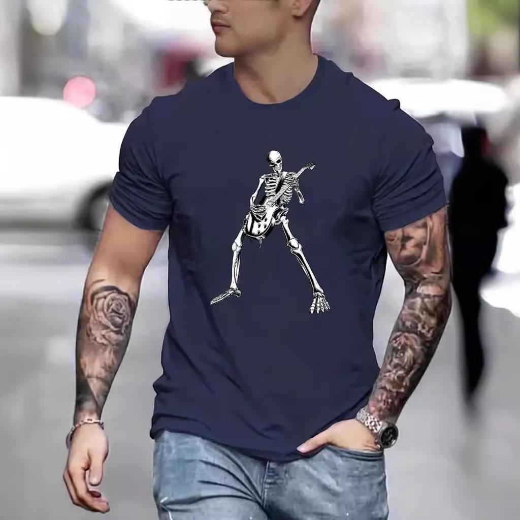 Cotton T-Shirt Short Sleeve Round Neck Men Skelleton 2d Print Tops