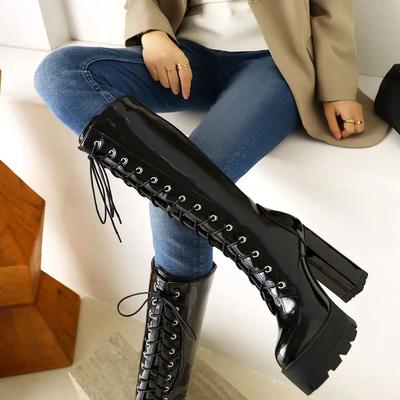 Female Motorcycle Boots Platform Chunky Heel Knee High Med Calf Boots  New Arrivals Platform Chunky Heel Lace Up Red Black