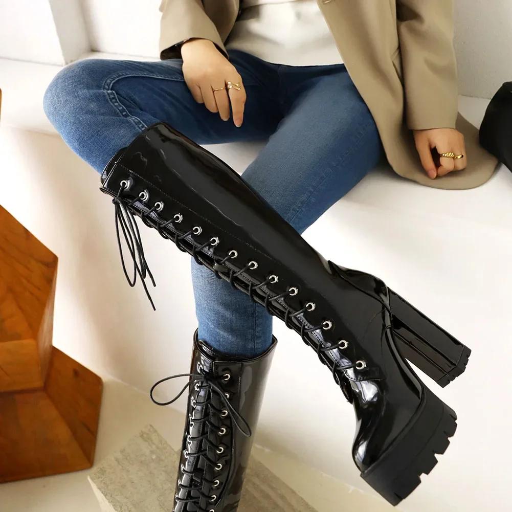 Female Motorcycle Boots Platform Chunky Heel Knee High Med Calf Boots 2024 New Arrivals Platform Chunky Heel Lace Up Red Black