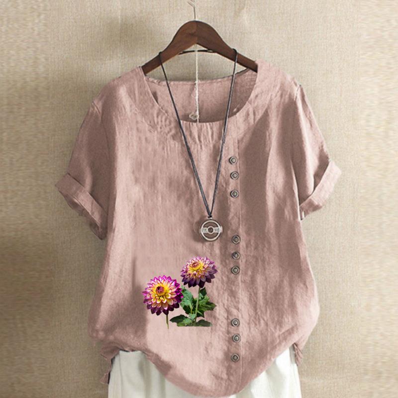 Damenmode Blumen bedrucktes Rundhals-Kurzarm-T-Shirt, lässiges Baumwoll-Leinen-Grafik-Shirt, Freizeit, lockere Sommerbluse, Tops