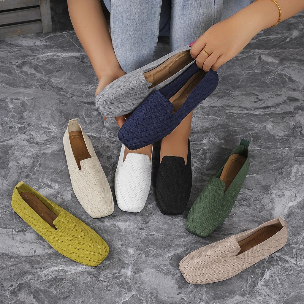 Fashion New Solid Color Square Toe Mesh Loafers Shallow Women Flats Shoes Soft Bottom Knit Ballet Flats Shoes Casual Slip On Boat Shoes