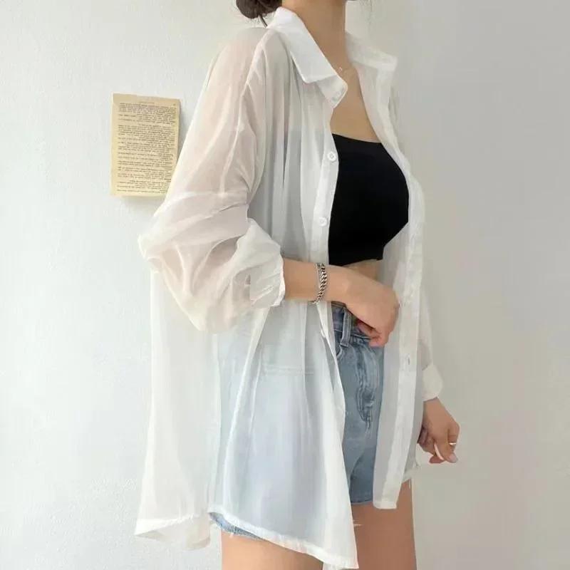 Summer Sunscreen Shirts Women Sheer Thin Chic Simple Solid Sun-proof Baggy All-match Basic Clothes