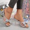Fashion Brand Design Silver Mesh Strap Sandals Women 2025 Summer Glitter Bowknot Decoration Slippers Sexy High Heels Party Dress Shoes