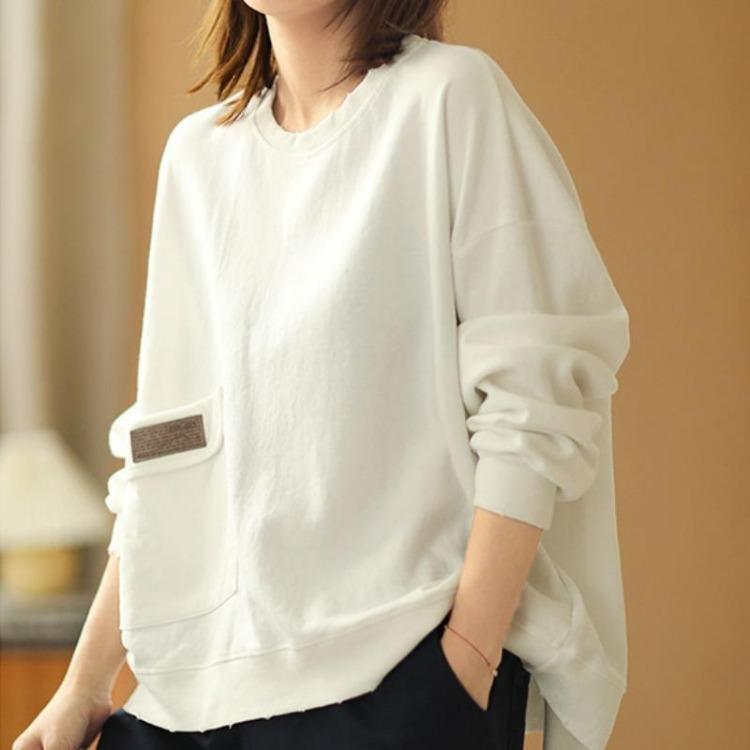 Trendy Y2K Autumn Women Oversize Casual Cotton Sweatshirt Streetwear Solid Pocket Long Sleeve O Neck Female