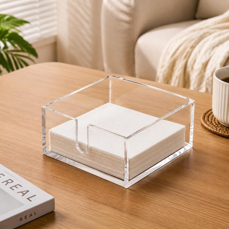 Clear Acrylic Table Napkin Holder for Standard Square Napkins with Visible Storage and Easy Front Access Cutout