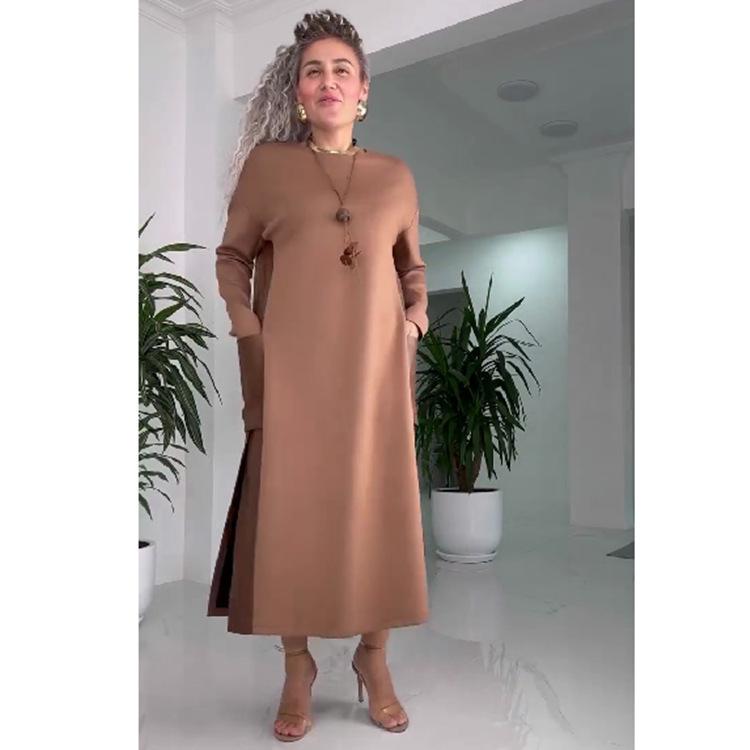 2024 Fall/Winter Women's Color Block Leather Spliced Plus Size Dress