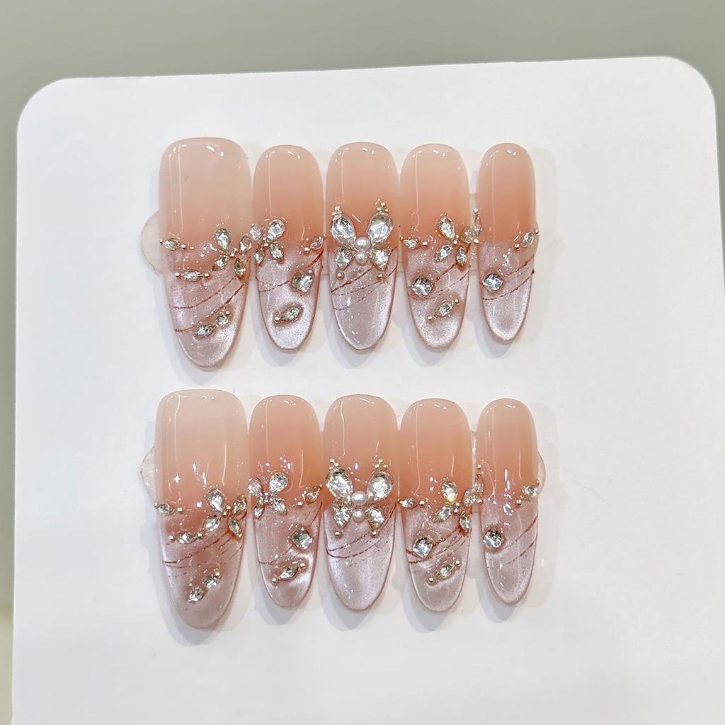 10pcs Handmade Press on Nails Pink Butterfly Design Fake Nails Wearable Reusable Glitter Cat Eye Sweet Korean False Nail Tips