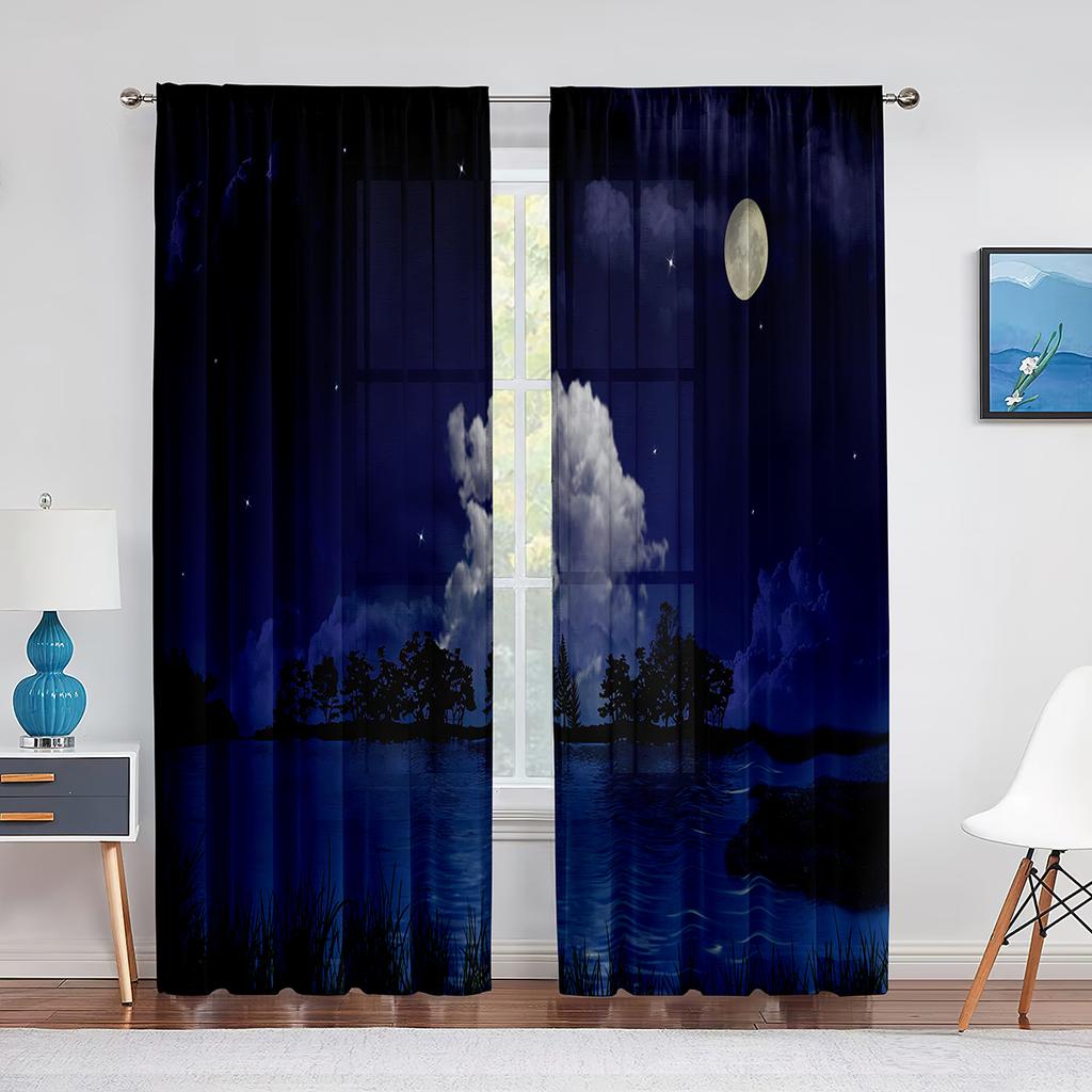 Full Moon Fantasy Starry Sky Night Scene Tulle Curtains for Living Room Bedroom Kitchen Decor Sheer Voile Curtain Organza Drapes