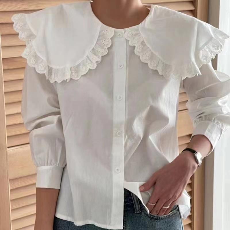 

Корейская клетчатая рубашка свободного кроя с кружевной отделкой для женщин Small