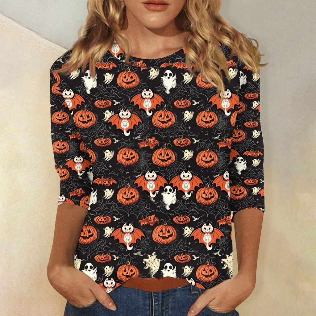 Women's Fashion Casual Round Neck 3/4 Sleeve Loose  Printed T-Shirt Ladies Top