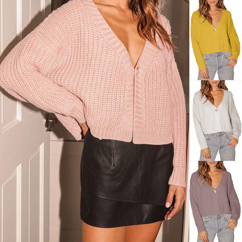 European & American Women's V-Neck Long Sleeve Solid Knit Cardigan Sweater