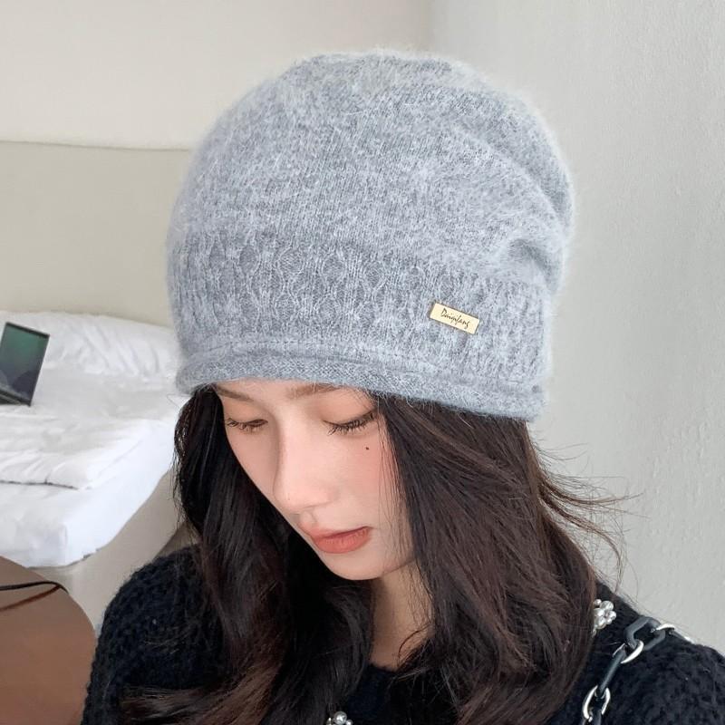 Pile Hats Women's Autumn and Winter Versatile Warm Hemming Knitted Cold Hats Big Head Circumference Showing Face Small Wool Hats