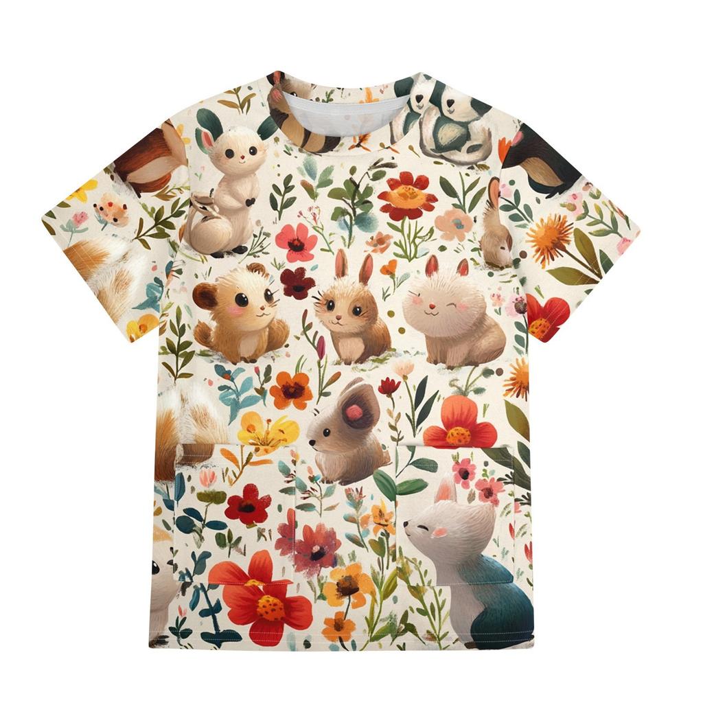 Children's Short Sleeve Pocket Tops Casual  Print T Shirt Round Neck Pullover Blouse