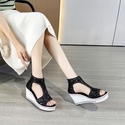 Fashion Korean Version 8CM Spring /summer Bead High-top Fish Mouth Sandals Slope Heel Open-toed Hollow Large-size Women's Shoes