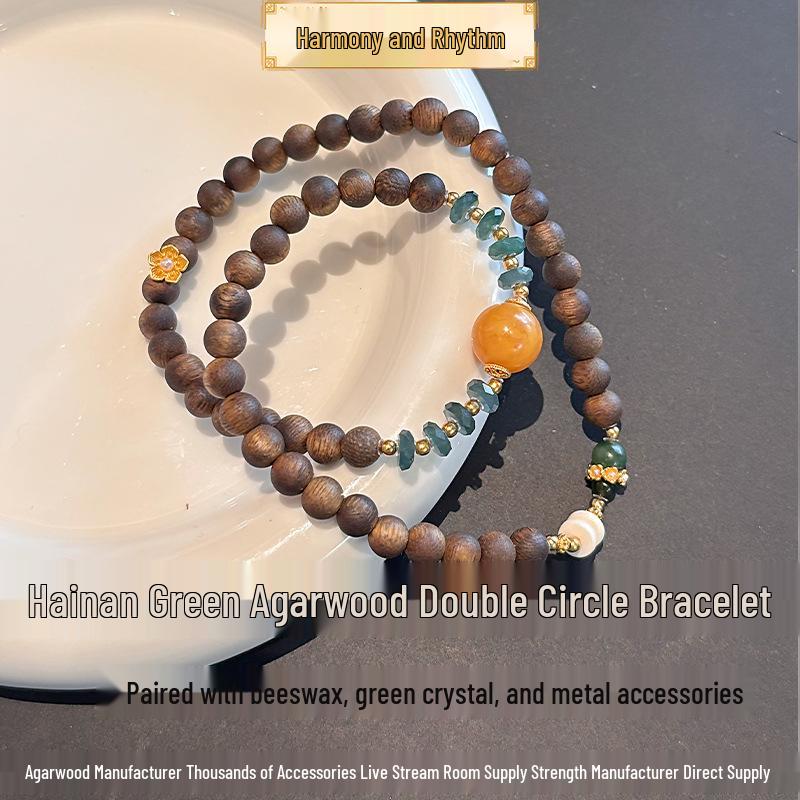 6mm Authentic Hainan Agarwood  Green Crystal Amber Double Circle Bracelet 6mm