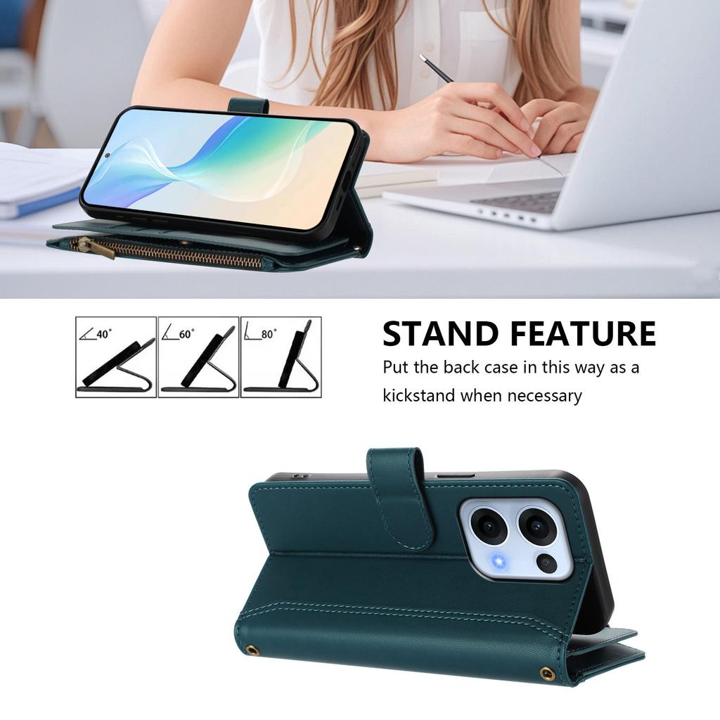 For Oppo Reno13 5G (Global) Leather Case 9 Card Slots Zipper Wallet Stand Phone Cover with Wrist Strap