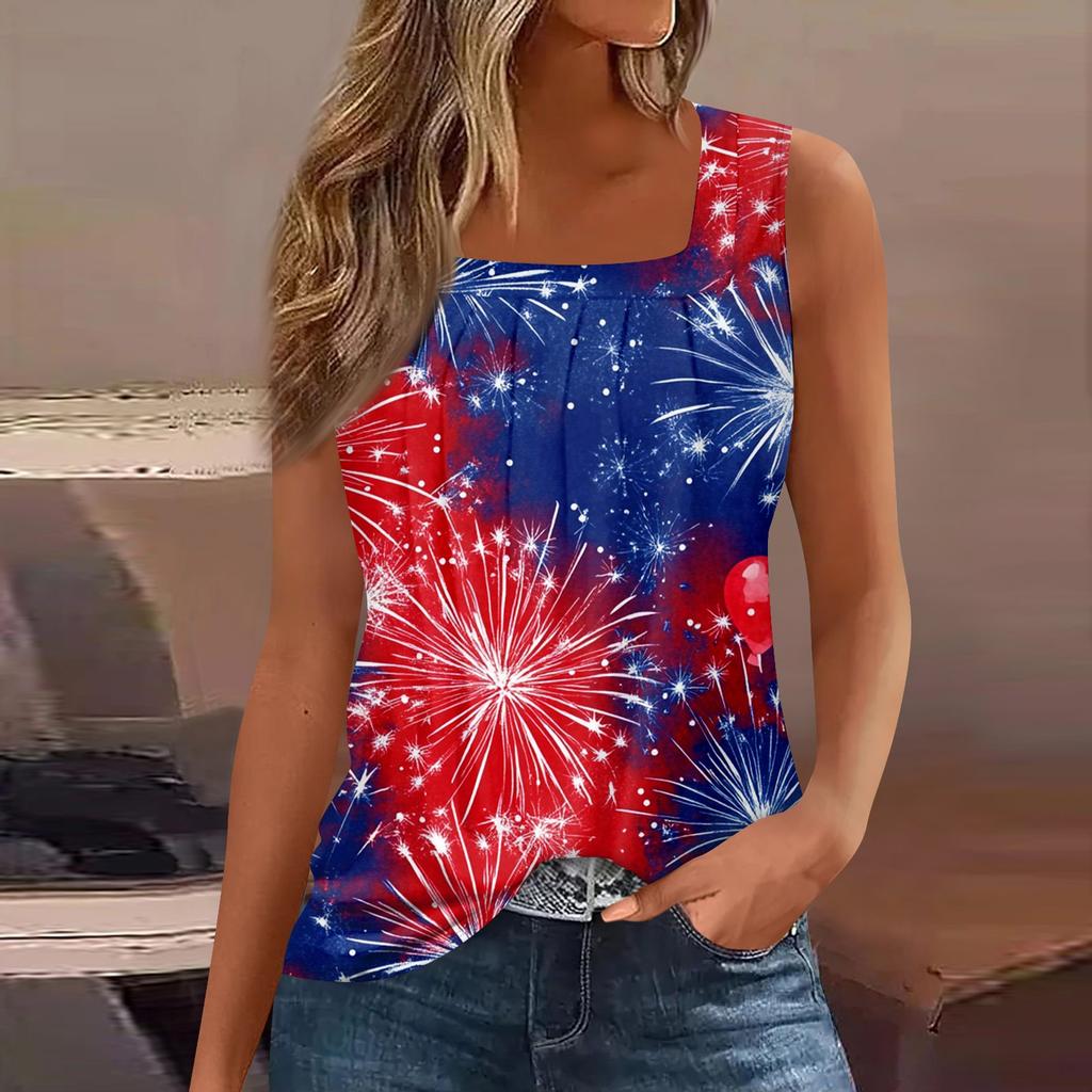 Women's Summer Casual Pleated Square Neck Sleeveless Tank Top Printed T-Shirt