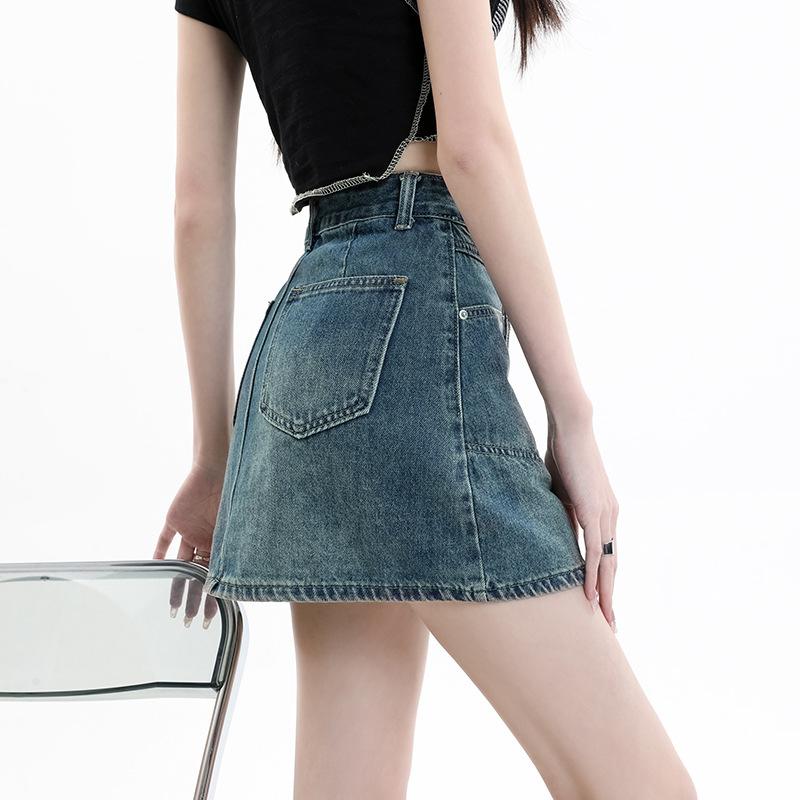 Clasic Versatil Purtabil Design Durabil Buzunar Fustă Despicată Talie Înaltă Vintage A-Line Halter Pachet Șold Dame Modă de Vară Denim Fustă Scurtă