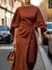 Women's Fashion Temperament Elegant Solid Color Waist Cinched Dress Casual Bat Sleeve Long Skirt