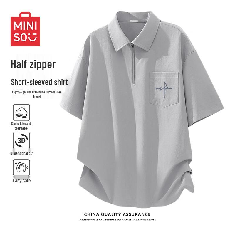 MINISO Men s Workwear Style Half-Zip Short Sleeve Shirt 3XL