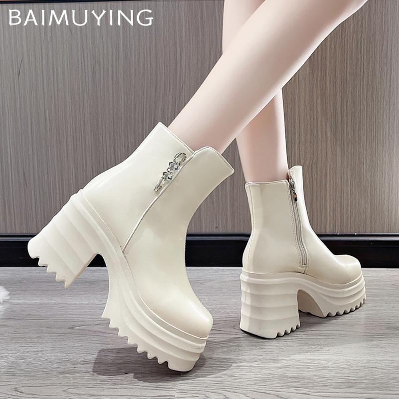 Platform Women Ankle Boots Crystal Leather High Heels Fad Shoes Designer Motorcycle Boots 2025 Trend Chunky Pumps Botas Mujer