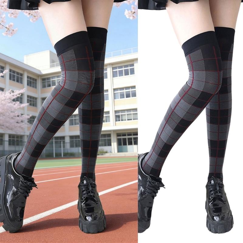 Thigh High Stockings Thigh High Socks with Plaids Print Over the Knee Socks Nylon Stockings Halloween Cosplay Costume