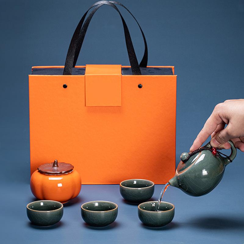 Ge kiln dense kiln kung fu tea set, one pot and four cups gift box, business souvenir for customers