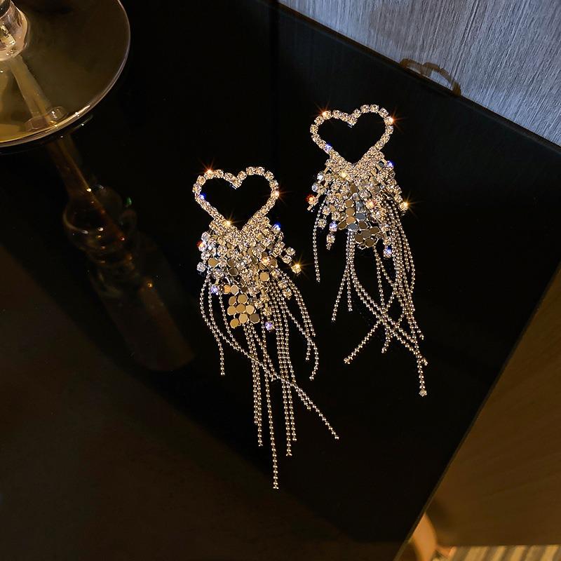 Silver Needle Diamond Flower Water Drop Tassel Earrings Exaggerated Earrings Light Luxury Premium Earrings Women