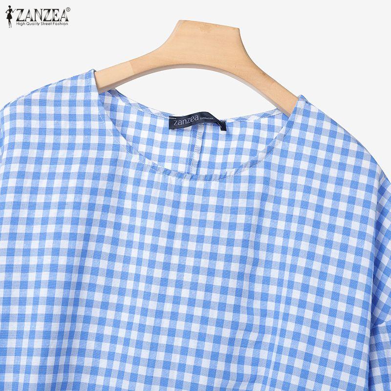 ZANZEA Women 3/4 Sleeve Blouse and Pants Casual Plaid Print Two Piece Suit Sets