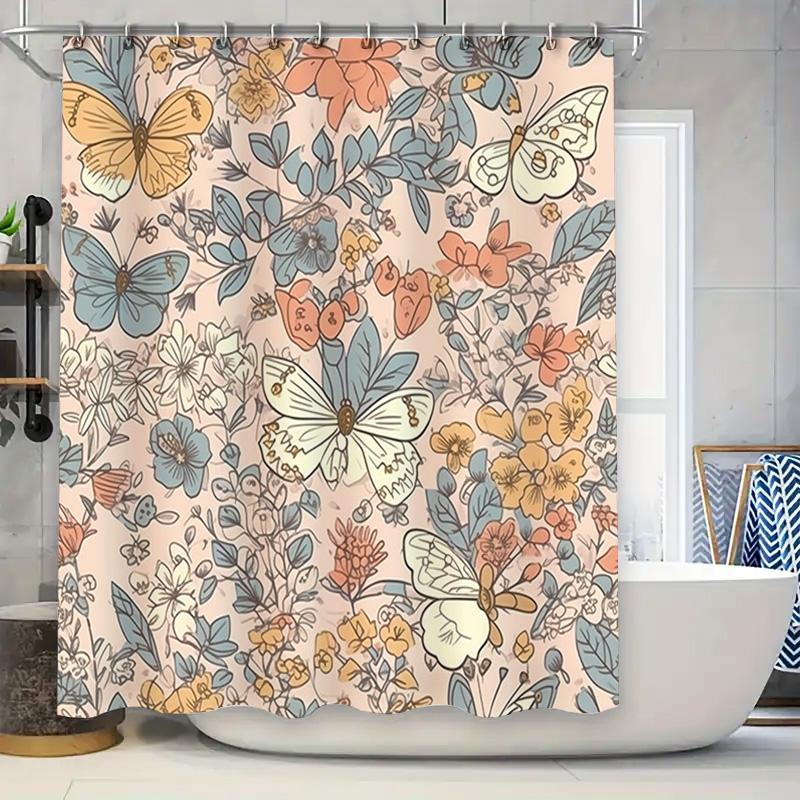 Beautiful Butterfly Floral Shower Curtain Bath Decor Pink Color 90x180cm